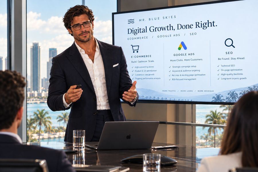Mr. Blue Skies presenting an ecommerce, ads and SEO growth plan to clients in a waterfront conference room